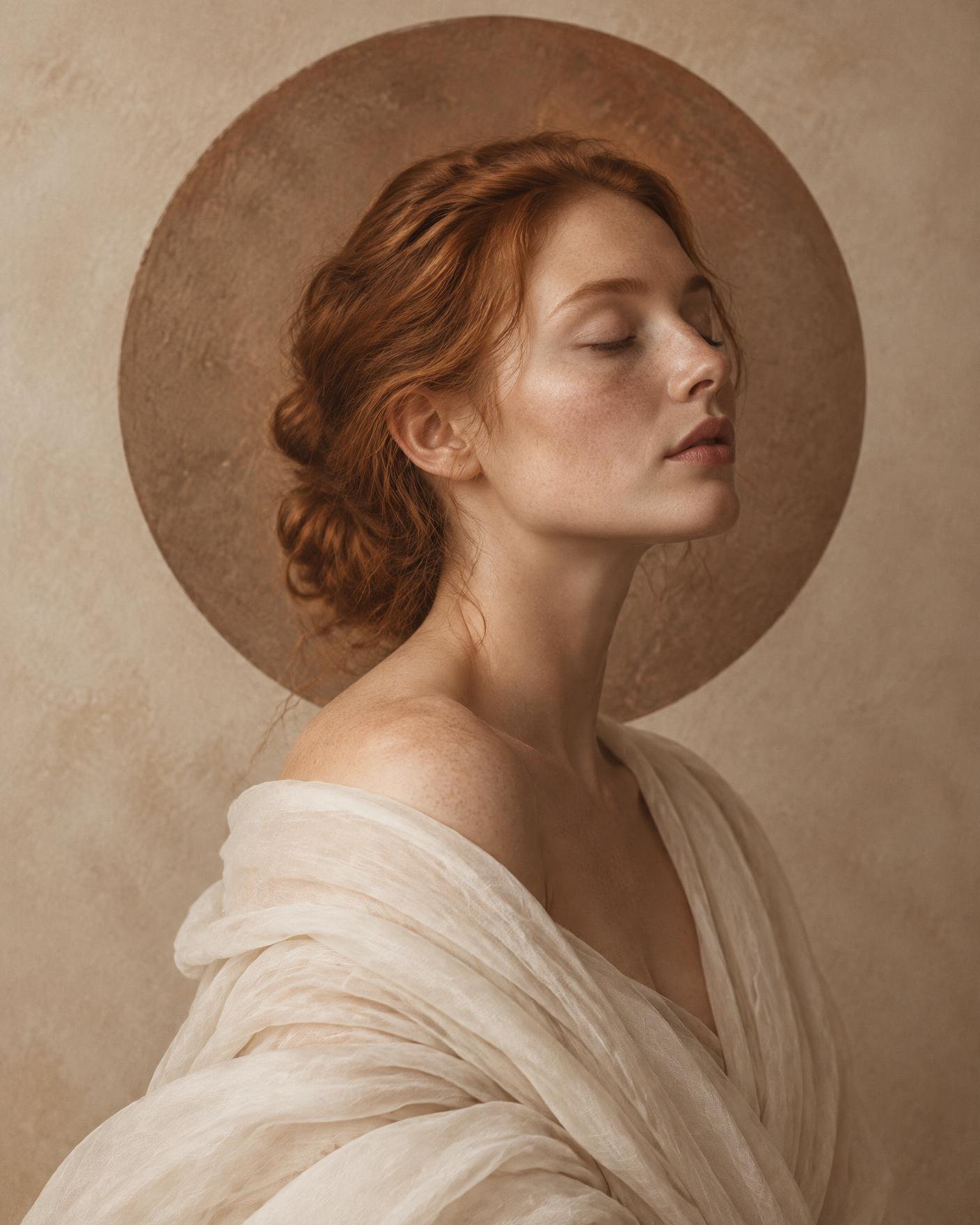 Retrato sereno de uma mulher ruiva de cabelo preso, envolta em tecido fluido, em tons de creme, taupe e rosé — a presença humana da estética Be.